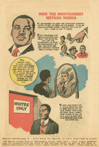 Page from Civil Rights Movement Comic showing Martin Luther King and discussing nonviolence or the montgomery method