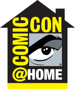 Graphic eyeball looking out of the outline of a home. Surrounded by the logo Comic-Con@Home