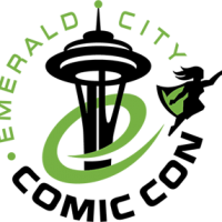 ECCC logo, a caped hero zooms around the Seattle Space Needle all in blacks and greens