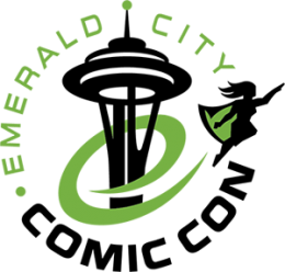 ECCC logo, a caped hero zooms around the Seattle Space Needle all in blacks and greens