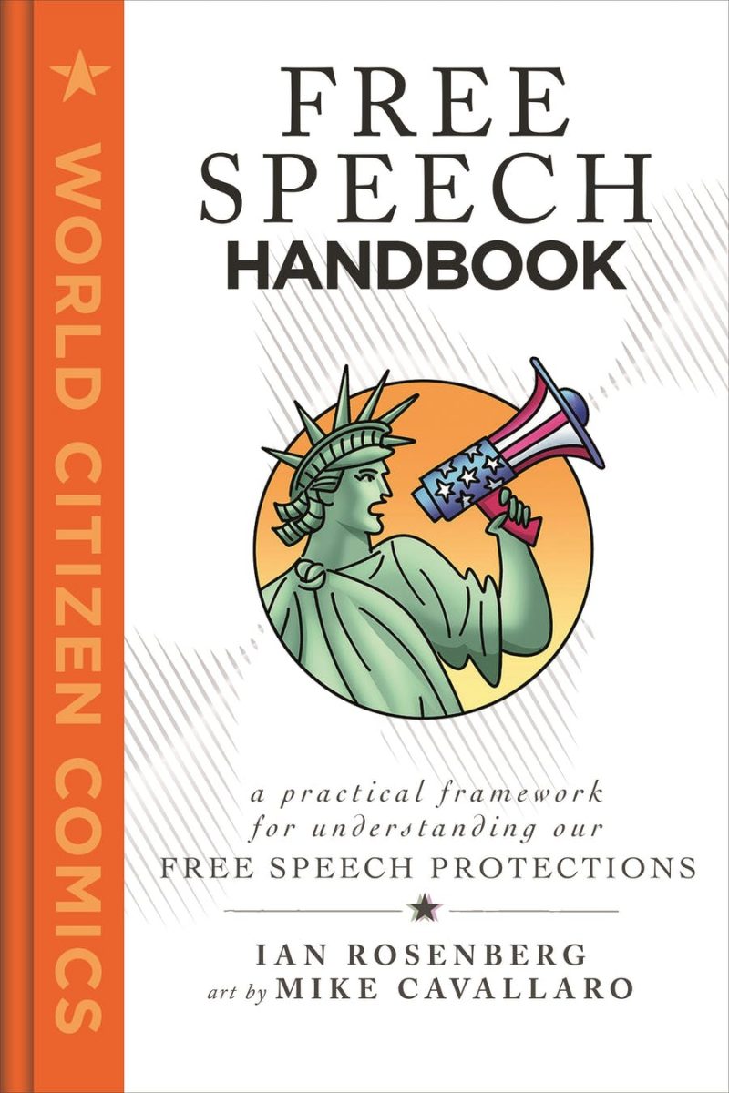 The statue of Liberty speaking through an American Flag decorated electric megaphone. It is the cover of the Ian Rosenberg written and Mike Cavallaro drawn graphic novel Free Speech Handbook.
