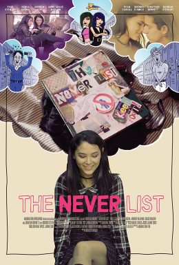 Movie poster for The Never List. A Young women sits smiling lost in thought. A thought bubble behind her features a notebook titled The Never List as well as pictures of her with a friend as well as comic depictions of them.