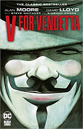 SMiling Guy Fawkes mask with the title V For Vendetta.