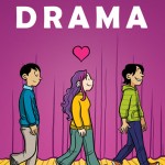 Three main characters from Drama walking across the stage with a purple curtain drawn.