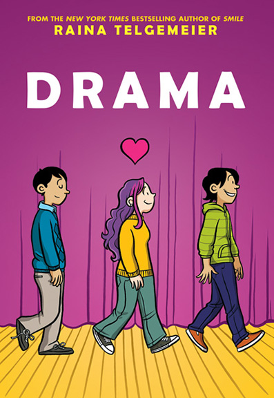 Three main characters from Drama walking across the stage with a purple curtain drawn.