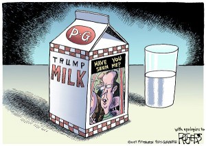 Illustrated editorial cartoon — Trump Brand Milk Carton Shows a missing person picture on the side with editorial cartoonist Rob Rogers in the picture