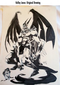 Kelley Jones Original Art Batman standing over the dismembered head of the joker, pen and ink 