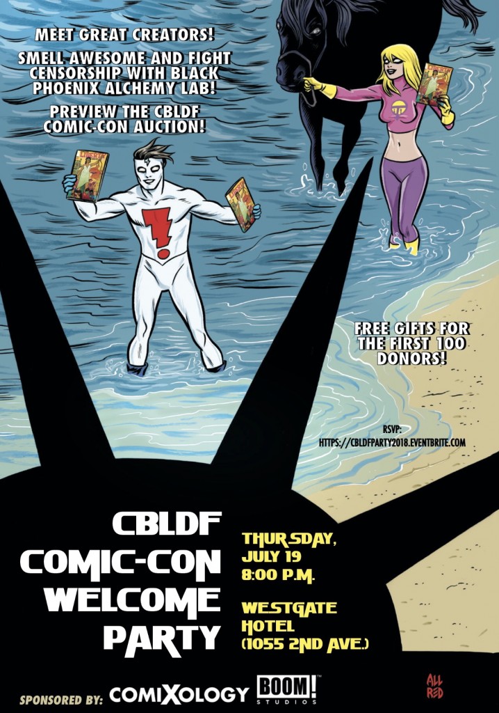 CBLDF San Diego Comic-Con Welcome Party Invite featuring Mike Allred art