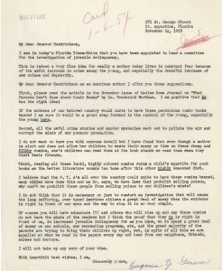 Typewritten letter from Eugenia Y Genovar to senator in favor of banning comic books