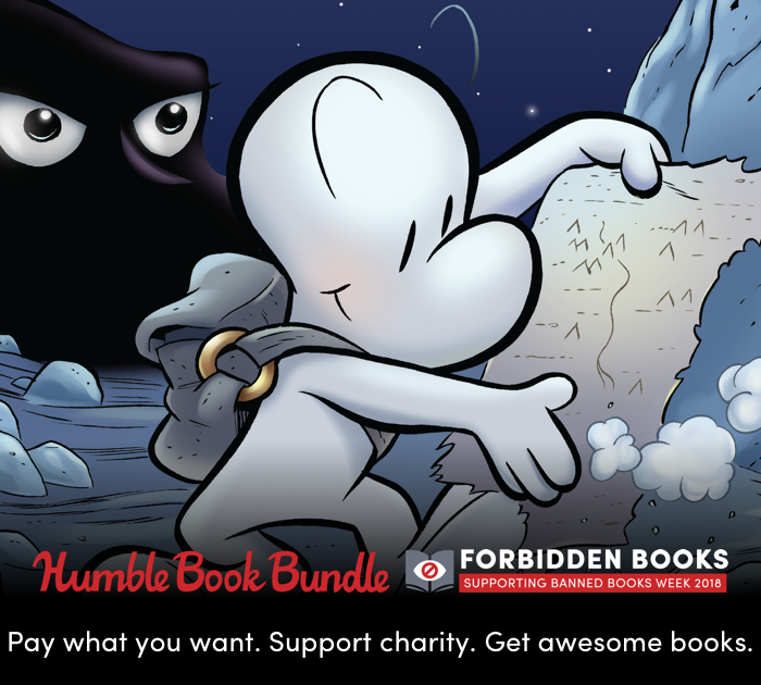 Humble Book Bundle. Pay What you Want. Support Charity. Get Awesome Books. Picture featuring Jeff Smith’s Bone