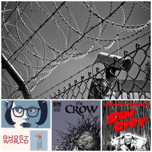 Ghost Wrold, The Crow, and Sin City covers under a picture of barbed wire with a security camera