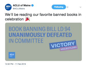 Tweet from ACLU Maine Celebrating Defeat of Book Banning Legislation