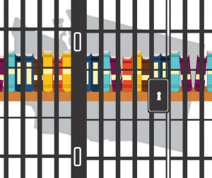 Illustrations of bookshelf behind prison bars superimposed over Washington State silhouette 