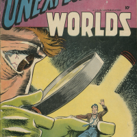 Image of giant head examining frightened person through large magnifying glass - cover of Mysteries of Unexplored Worlds #3, cover art by Steve Ditko