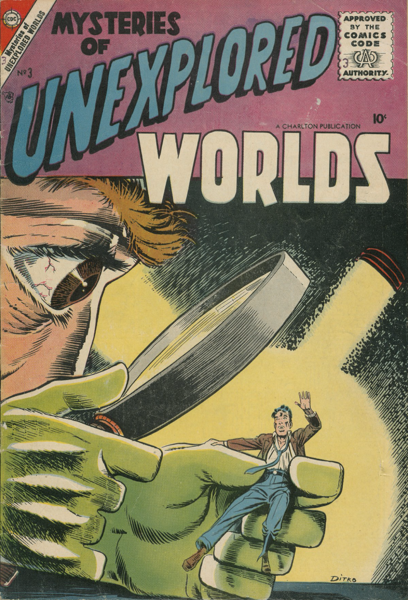 Image of giant head examining frightened person through large magnifying glass - cover of Mysteries of Unexplored Worlds #3, cover art by Steve Ditko