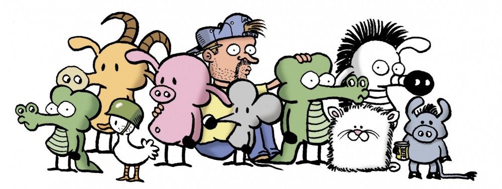Cartoon depicting the artist with the characters of his strip Pearls Before Swine