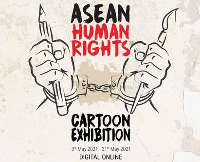 An artist's hands in handcuffs. One The right hand holds a pencil and the left a paint brush. Text read ASEAN Human Rights Cartoon Exhibition