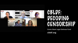 Photo of the panel featuring all five participants. CBLDF: Decoding Censorship. cbldf.org