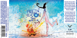 A beer label of Flying Dog Brewery's Freezin' Season WInter Ale. Ralph Steamdman painting of a naked man leaning in toward a jagged fire