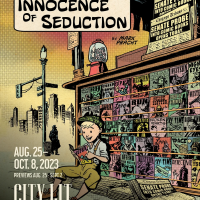 A new play at the City Lit Theater in Chicago, The Innocence of Seduction, runs through this weekend, October 6-8. Illustrated by a drawing of a child reading comics at a 1950s newsstand.