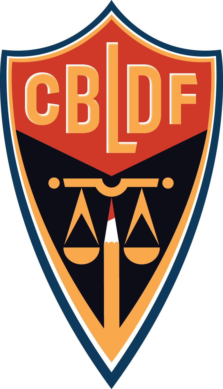 CBLDF inside a shield, above the scales of justice with the beam in the shape of art pencil with a red-colored tip