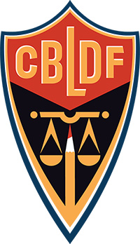 CBLDF in a shield with the scales of justice balanced on a colored pencil